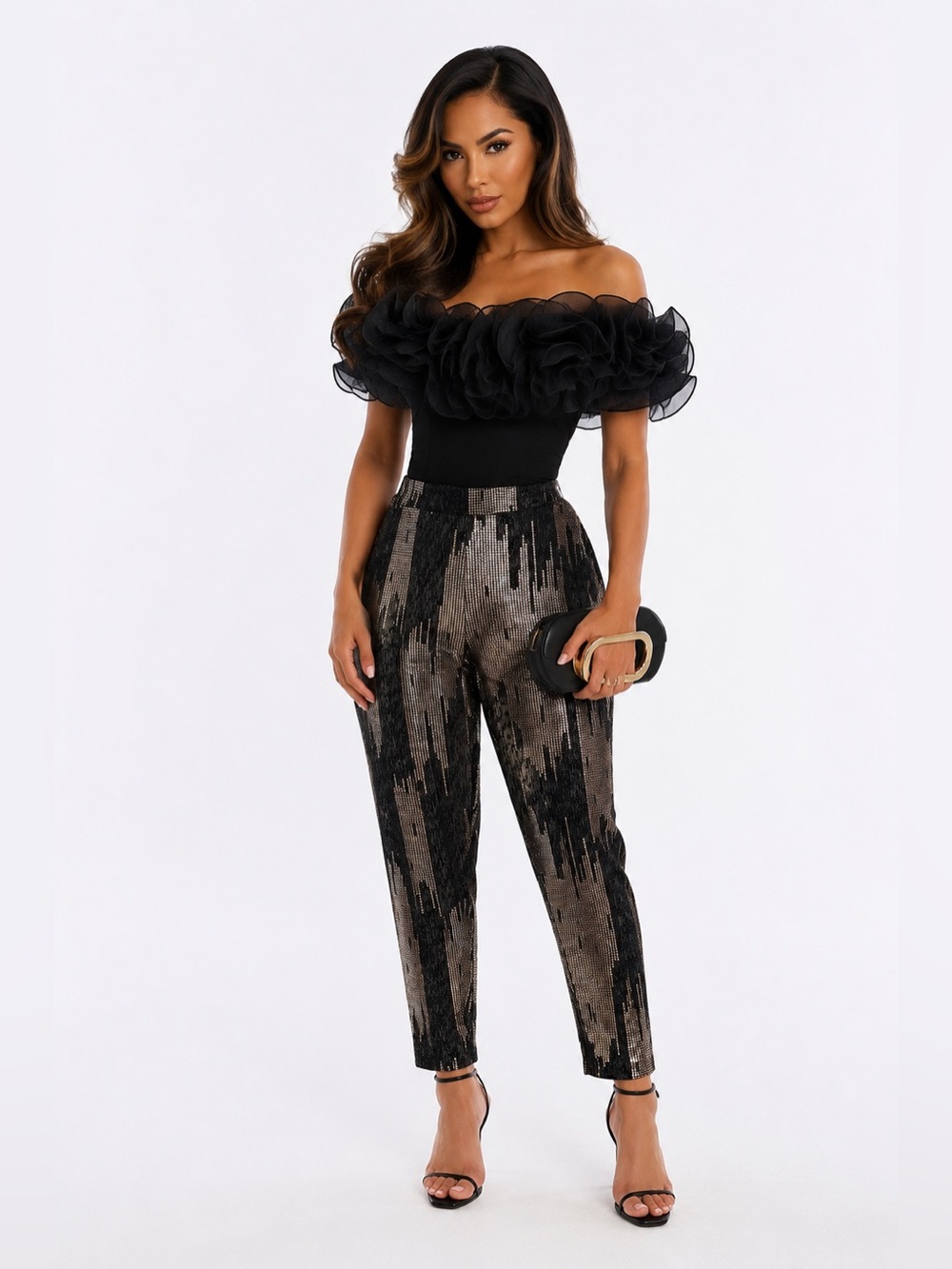 Haute Monde Women’s Metallic Sequin Pants 3X Black Gold Pull-On Party Glam
